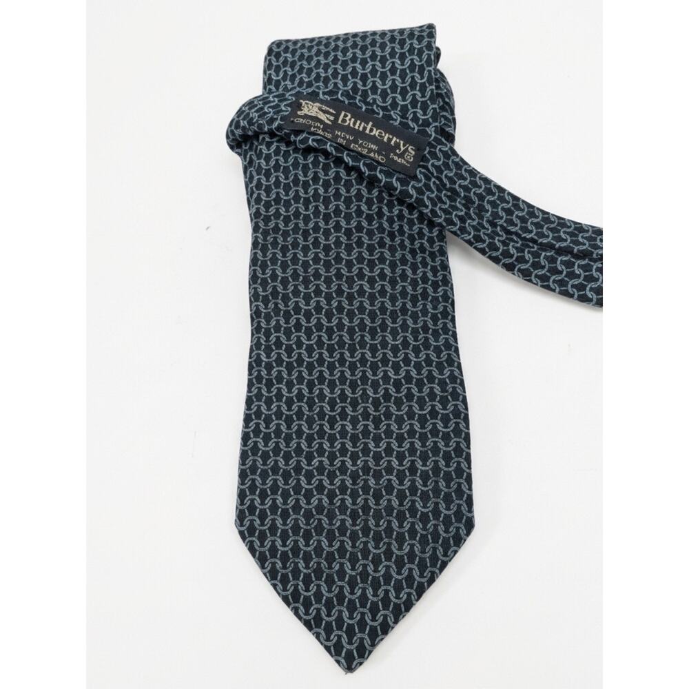 Burberrys Vintage 80s Silk Chain-Link Tie Made in England Navy Blue Black RARE